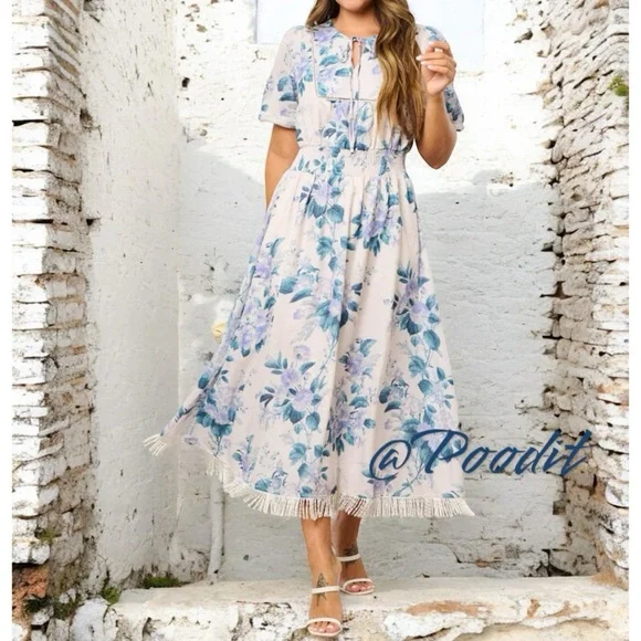 Beautiful floral print detailed midi dress S M L - Picture 2 of 8